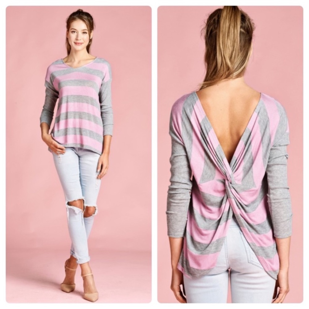 SALE ODDI Heather Gray Pink Stripe Twist Back Top - Picture 10 of 12